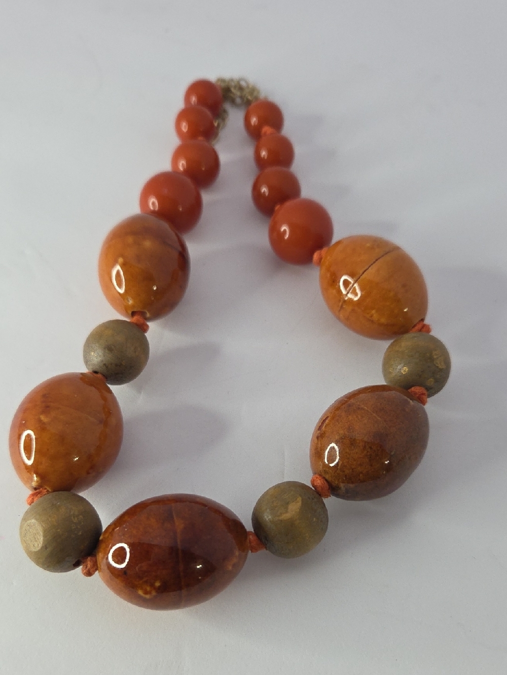 Vintage Bijoux Terner Orange Stone and Wood Beaded Necklace 7.5" drop W/3" Ext